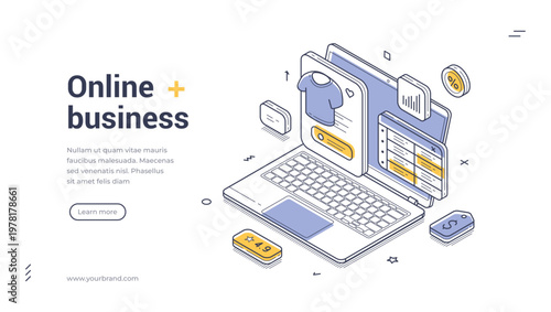 Isometric banner template for online business and e-commerce. Vector illustration of a laptop with a shopping app. Concept for digital marketing, internet store and retail sales