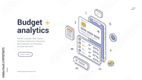 Isometric banner template for budget analytics and finance. Vector illustration of a mobile app for payment and accounting. Concept for personal money management and banking
