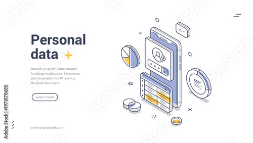 Isometric banner template for personal data protection. Vector illustration of a phone with a secure login. Concept for user account safety, information privacy and mobile access management
