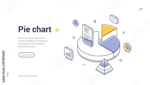 Isometric pie chart banner template for data visualization. Vector illustration of business analytics and financial statistics. Concept for web design, presentation, and marketing infographic
