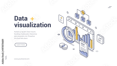 Isometric data visualization banner. Vector illustration for web design. Concept of business analytics, statistics, and financial report. Digital technology infographic for presentation or website