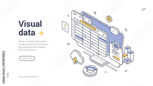 Isometric banner template for visual data analysis and spreadsheet management. Vector illustration of a computer dashboard with charts. Concept for cloud storage and financial reporting
