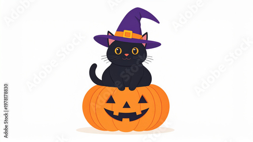 Cute Black Cat in Witch Hat Sitting on Pumpkin Halloween Vector Illustration