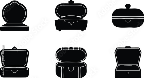 Collection of various black jewelry box silhouettes in different shapes and sizes  isolated on transparent background