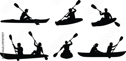 Set of kayakers in various poses with oars on water  people paddling kayaks in different positions and movements