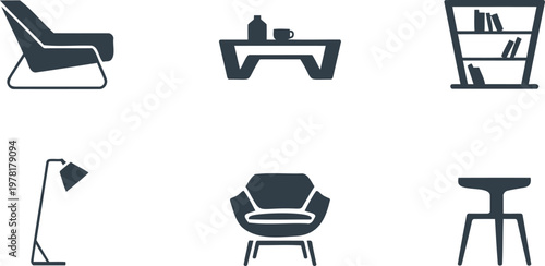 Set of modern furniture icons including chair table lamp stool bookshelf  simple designs for interior decoration concepts