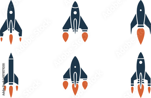 Six identical navy blue and orange rockets flying upwards in different positions on white background