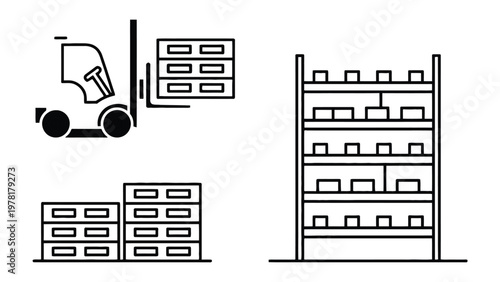 Warehouse Icons: A set of clean, minimalist line icons showcasing various elements related to a warehouse. From a forklift to pallet stacks and shelving units.