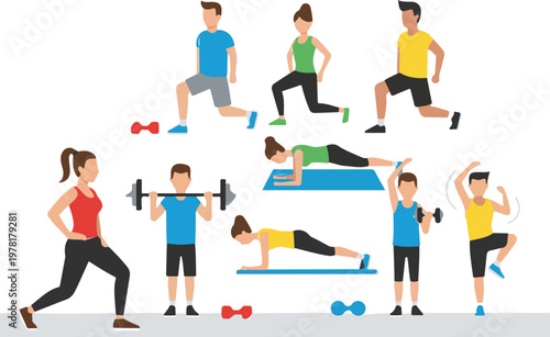 Diverse group of cartoon people engaging in various fitness exercises, illustrating different workout routines for health.