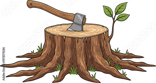 Tree stump with axe embedded and small green sprout symbolizing deforestation, regrowth, environmental impact, nature conservation concept illustration