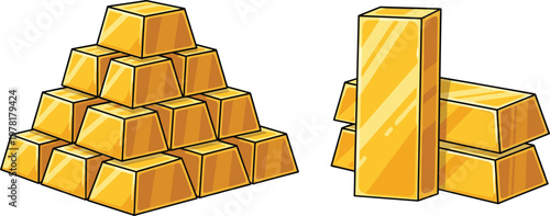 Stack of gold bars and bullion ingots, shiny precious metal wealth and investment concept isolated vector illustration for finance and economy design