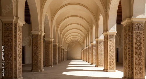 Ornate Arches and Columns in a Sunlit Moroccan Courtyard