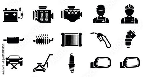 Black silhouette vector graphic set displaying various essential automotive parts and professional vehicle repair service icons