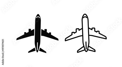 Two commercial airplanes are depicted in a stark graphic silhouette