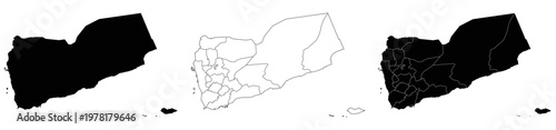 Map of Yemen vector set.Yemen country vector map in white background.Yemen political map. Highly detailed. Solid simple style. Black and white. Vector Illustration editable.	