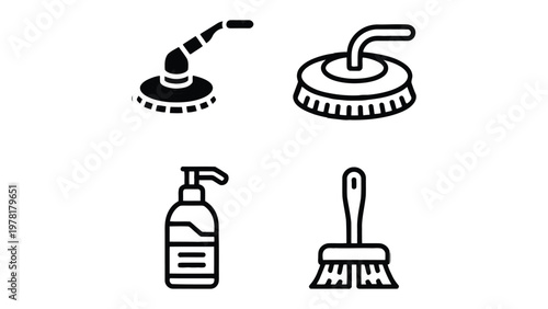 Cleaning tools Icon set: A meticulously crafted collection of cleaning icons, essential for maintaining cleanliness and hygiene, presented in a minimalist, black-and-white style.