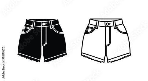Two pairs of denim shorts displayed in contrasting black and white silhouette