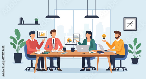 Four diverse professionals collaborate at a wooden table in a bright office, sharing data and ideas during a productive business meeting.