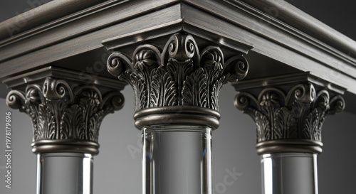 Ornate Corinthian Columns with Glass Cylinders, Dramatic Lighting, Close-Up Detail.