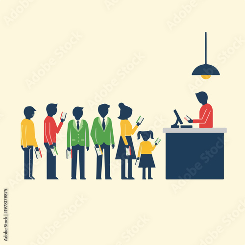 Diverse group of people standing in a line waiting to be served by a clerk at service counter