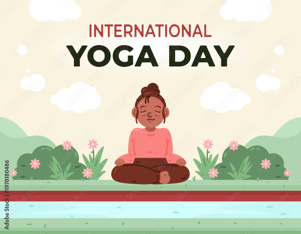 Fototapeta premium International Yoga Day greeting banner concept. Illustration of a woman meditating in the lotus position outdoors. Yoga activity, exercise, lifestyle. Flat cartoon character. Garden background