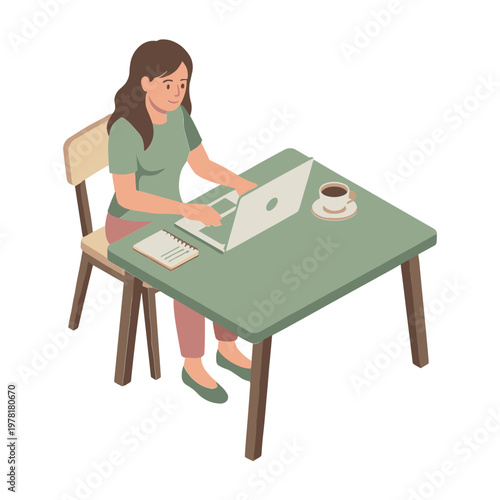 Woman sitting at a table working on laptop with coffee