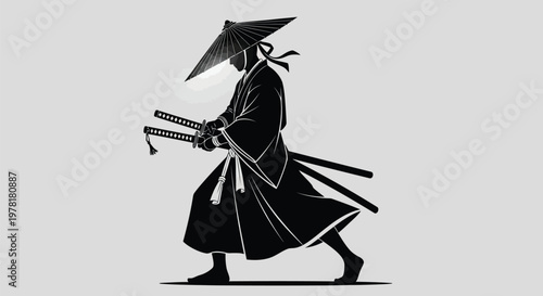 Samurai warrior in traditional Japanese clothing walking with swords