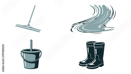 Essential Cleaning Tools: A comprehensive collection of indispensable cleaning tools, including a squeegee, sweeping water, a bucket, and a pair of boots.