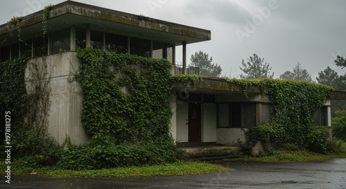 Overgrown Concrete: A Rain-Soaked, Ivy-Covered Modernist House