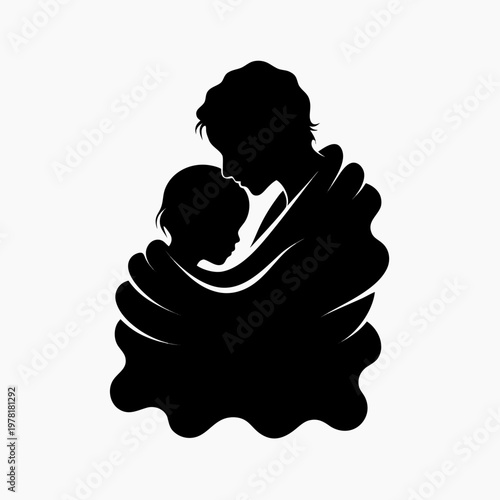 Black silhouette, mother and child hug, family love, parenthood icon, vector illustration