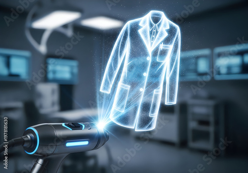 Futuristic clothing and device displayed with holographic projection technology