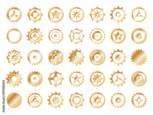 Collection of vintage steampunk gears and mechanical cogs. This high-quality vector illustration features various brass and bronze clockwork elements with an industrial Victorian aesthetic.