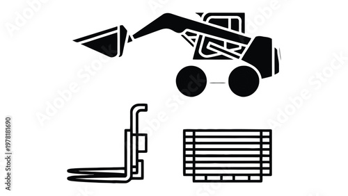 Construction Equipment Icons: A set of stylized, graphic icons representing a skid steer loader, forks, and pallet, suitable for industrial or construction-themed designs.