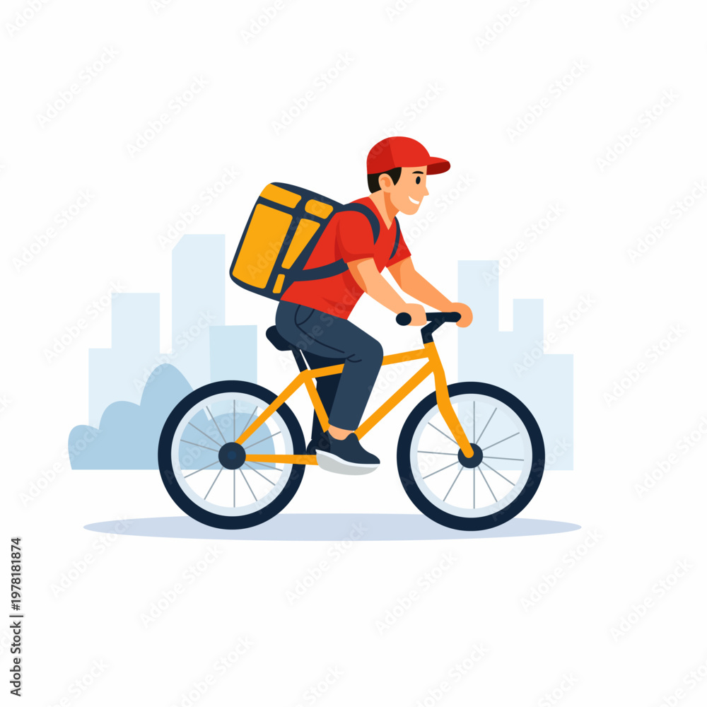 Fototapeta premium Flat vector illustration of a courier delivering packages by bicycle in the city, representing eco delivery, urban logistics, and last mile delivery service.