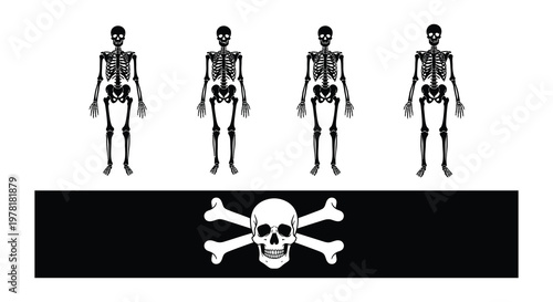 Four stylized skeletons stand in a row with a skull and crossbones