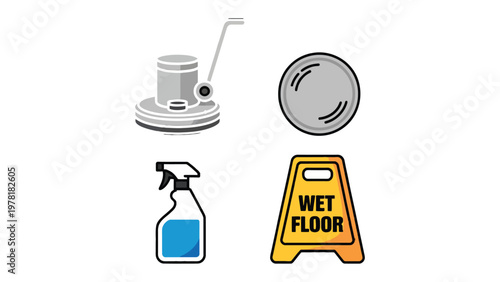 Cleaning Essentials: A collection of cleaning supplies and equipment, including a floor cleaner, a wet floor sign, a cleaning spray, and a circle pad, arranged against a clean backdrop.