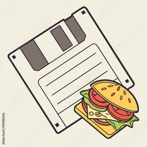 Retro floppy disk with a small hamburger on top fast food modern art diskette hamburger sandwich computer technology