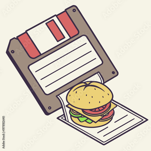 Retro floppy disk ejecting a hamburger and a document with old technology fast food junk food disk drive old school