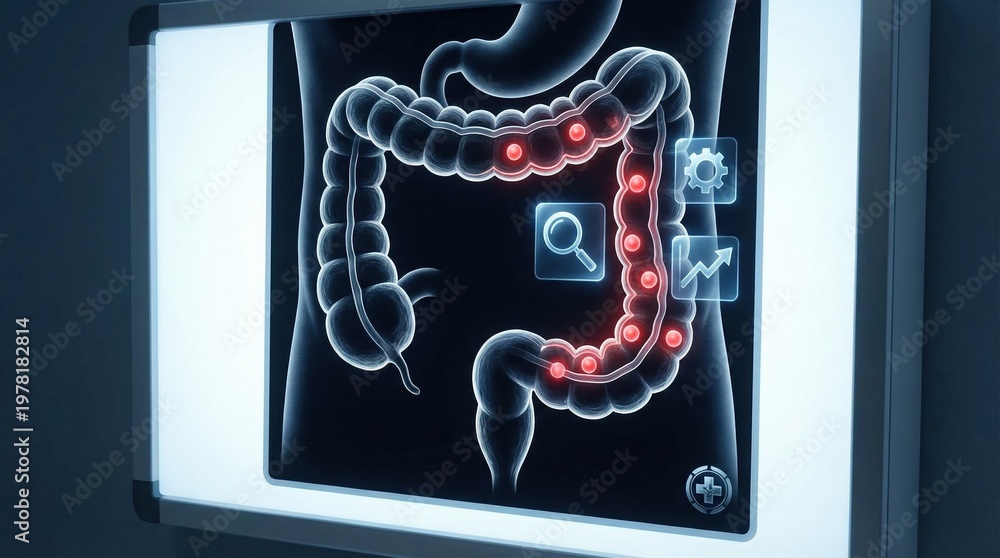 Fototapeta premium Digital display of human colon with glowing red spots and medical icons