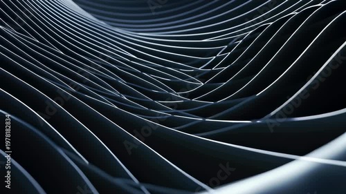 Abstract metallic lines forming a sophisticated waving pattern, creating a dark, sleek, and futuristic background representing modern innovation and technological advancement