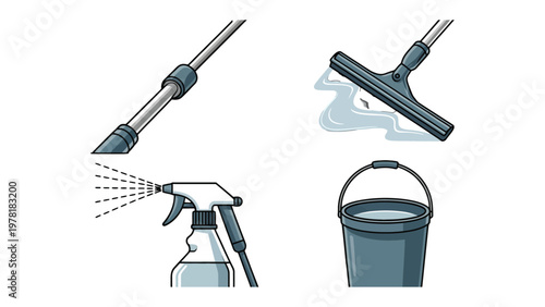 Cleaning tools: A set of essential cleaning tools arranged, representing the tools needed for maintaining cleanliness in various settings, indoors and outdoors.