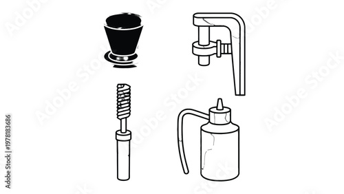 Coffee Brewing Equipment: A minimalist collection of coffee brewing tools, meticulously illustrated. Each item a testament to the art and science of crafting the perfect brew.