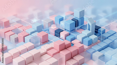 3D cityscape made of colorful blocks with digital lines