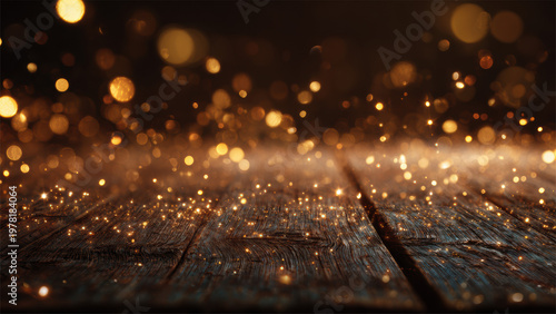 Wood Table Background With Golden Light Bokeh