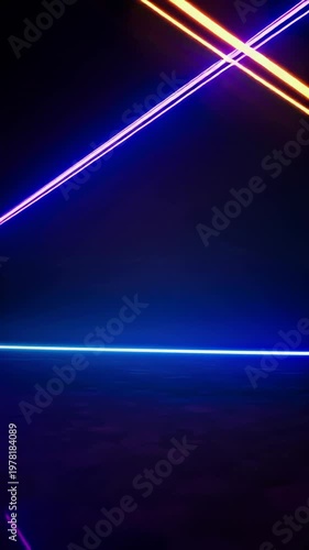 Bright intersecting laser beams illuminating a dark, textured floor with colorful reflections and creating a dynamic, abstract scene for backgrounds, technology, or entertainment