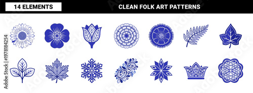 Stylized Blue Botanical Graphic Ornaments