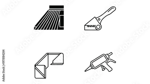 Tools for creativity and construction: Collection of four minimalistic design tools used for a variety of tasks related to creating and building. Representing the essential gear for any project. 