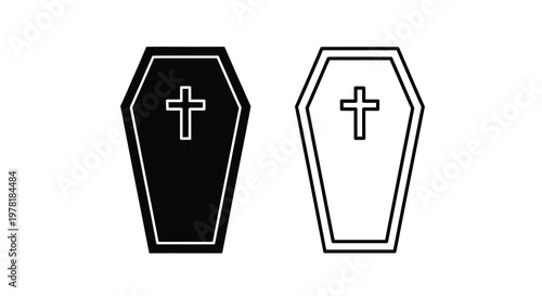 Two coffins one dark and one light presented as a stark outline silhouette