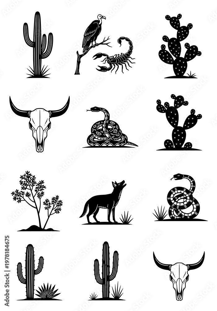 Obraz premium Diverse Collection of Black and White Desert Animals and Southwestern Plants Vectors