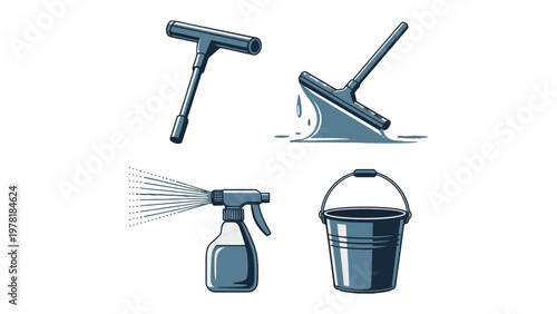 Essential Cleaning Tools: A collection of cleaning essentials, meticulously presented to showcase the key tools utilized in maintaining a pristine, refreshed environment.